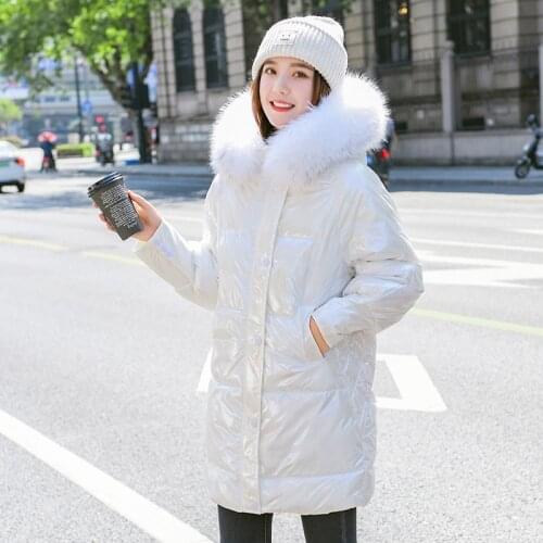 Womens jacket autumn and winter temperament mid-length bright fabric loose cotton faux fur collar womens clothing