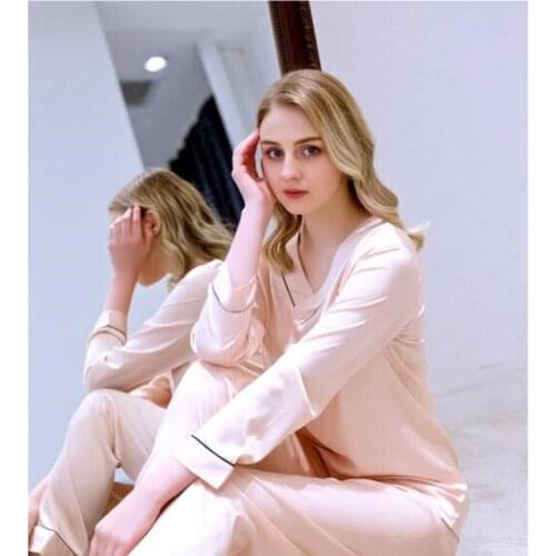 Womens Pajamas Long Sleeves Leisure Youth Homewear Female Sleepwear Ice Silk Thin Suit Set 2 Pcs Home Clothes 2019 New J093