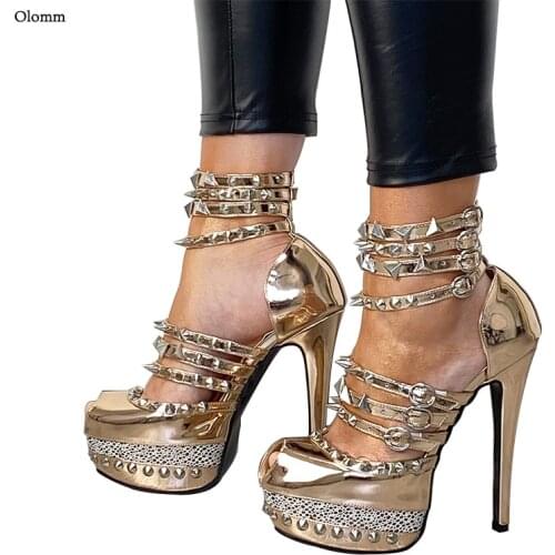 Olomm Hot Women Platform Sandals Sexy Studded Thin High Heels Peep Toe Gold Champagne Black Silver Grey Party Shoes US Size 4-13