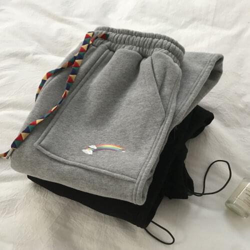 Rainbow Print Long Pants Women Plus Velvet Thickening Pocket Elastic High Waist Haren Adjustable Harajuku Woman Trousers BF Pant