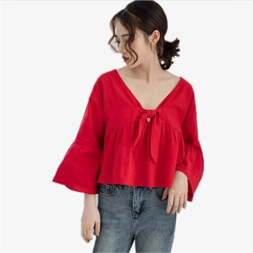 Korean Style Sweet Girl Thin Cotton And Linen Women Tops Solid Bow V-Neck Nine Quarter Flare Sleeves Tops Vestido Large Size 5XL