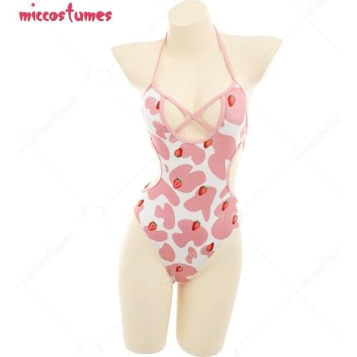 Woman Strawberry Milk Cow Halter One-Piece Zentai Bodysuit Swimming Suit Bathing Suit Beach Swimsuit Outfit Cosplay Costume