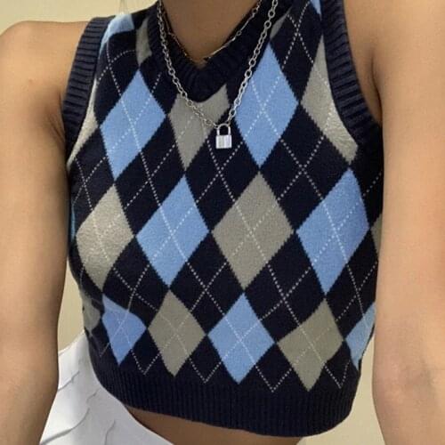 Preppy Style Women Summer Vest Argyle Sleeveless V-neck Knitted Top Sweater Casual Short Vest Mujer Clothing 2021