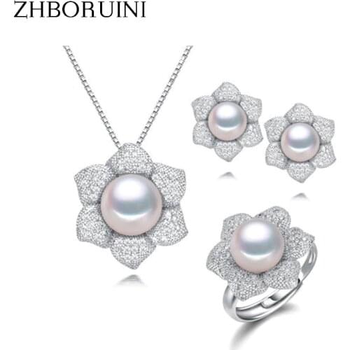 ZHBORUINI Fashion Pearl Jewelry Set Natural Freshwater Pearls Rings Necklace Earrings 925 Sterling Silver Jewelry For Women Gift