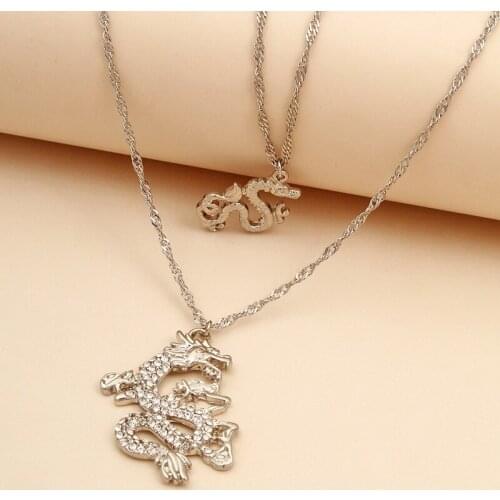 Golden Fashion Zodiac Dragon Pendant Necklace Sterling Silver Jewelry Mens Retro Long Water Wave Chain Rhinestone Necklace