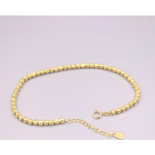 Pure 18K Yellow Gold Bracelet 3mm Wide Carved Beads Link Chain Adjustable Bracelet Woman Lucky Gift 4g