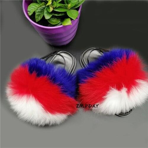 Childrens Winter Fluffy Rainbow Slides Kids Real Fox Fur Slippers Non Slip Heel Strap Furry Shome Girls Furry Sandals Flip Flop