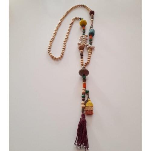 Goodtime Long Ethnic Necklace Wood & Glass & Indian Beads Womens Handmade Jewelry