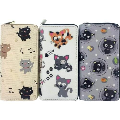 KANDRA New Women Wallets Cat Print Cartoon Purse Long Ladies Clutch Phone Pocket PU Leather Womens Card Holder Coin Purse 2019