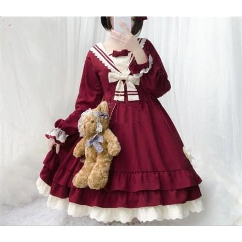 Tea Party Japanese Style Girl Long sleeve Lolita Dress Bowknot Carousel lolita cosplay Lace dress Maid Costume dress B292