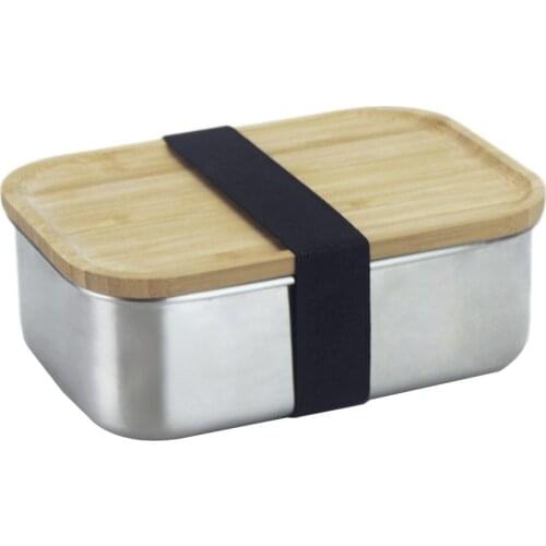304 Stainless Steel Wooden Lid Lunch Box Simple Environmental Friendly Japanese Style Lunch Box Square Bamboo Cover Sushi Box