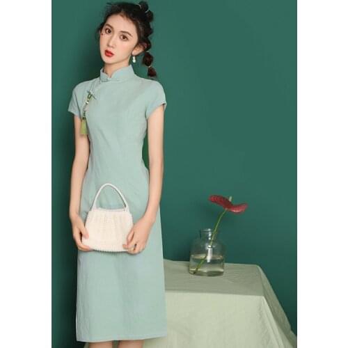 Summer New Bone Erosion Improved Cheongsam Young Literary Women Solid Color Cotton Linen Short Sleeve Dress Long
