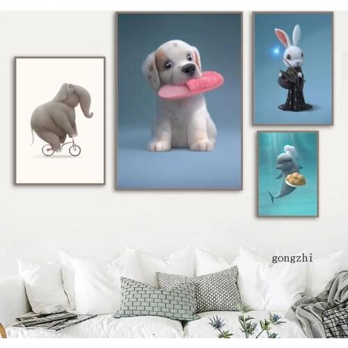Cartoon Dog Rabbit Elephant Dolphin Otter Nordic Poster Cute Animal Canvas Painting and Prints Wall Art Pictures Kids Room Decor