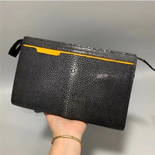 Authentic Real True Stingray Skin Mens ZIP Envelop Clutch Purse Large Card Holders Genuine Crocodile Leather Male Wristlets Bag