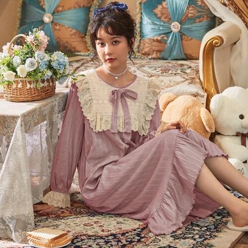 Solid Lace Women Nightgown Sleepwear Autumn Nightwear Cotton Long Sleeved Night Dress Vintage Ladies Sexy Nighty Dressing Gowns