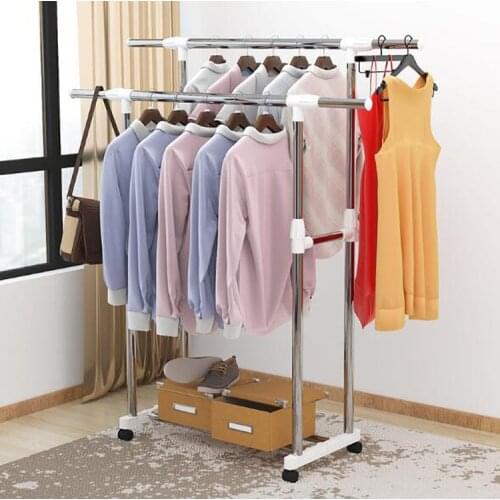Drying rack floor folding double-pole single-pole Clothing drying rack bedroom hanger clothes rack with wheel height adjustable