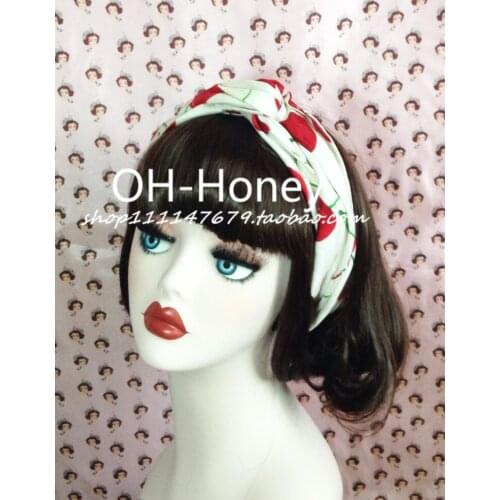 Women vintage 50s red white cherry print headband hair accessories hairband bow rockabilly pinup bandana wire scarf headwrap