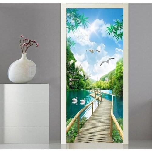PVC Self Adhesive 3D Door Wallpaper Nature Landscape Wooden Bridge Photo Wall Mural Door Sticker Living Room Home Decor Sticker