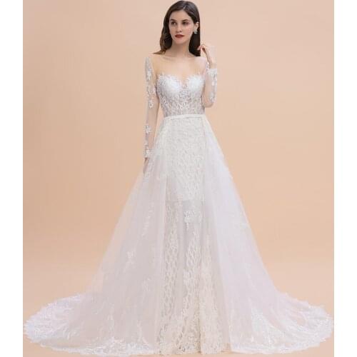 Romantic Detachable Train Beads Mermaid Wedding Dresses 2020 Sexy Illusion Back Long Sleeve Wedding Bridal Gowns Robe De Mariee