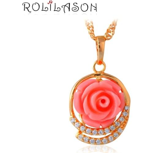 Rose language Pink flower for concern gold tone AAA Zirconia Crystal Fashion Jewelry Necklaces Pendants LN619
