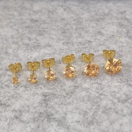 Champagne AAA Zircon 316 L Stainless Steel Brief Stud Earrings For Men And Women Size Frome 3mm to 8mm