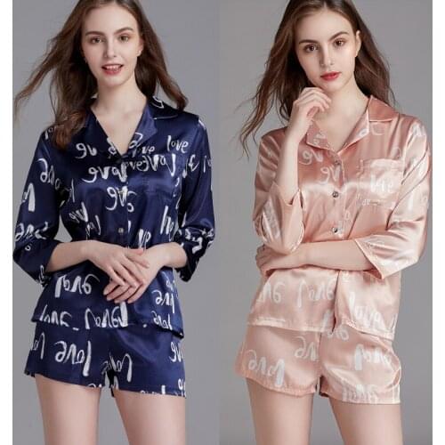Spring Summer 2021 New Womens Silk Satin LOVE Printing Pajamas Plus Size Pyjamas Set Home Loungewear Mid Sleeve Shorts Nightgown