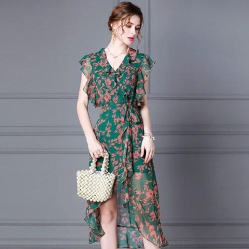 Chiffon Green Purple Floral Silk Dresses Women 2021 Summer Long Casual Sexy Office Work Daily Dress Plus Size Slim Fit A Line