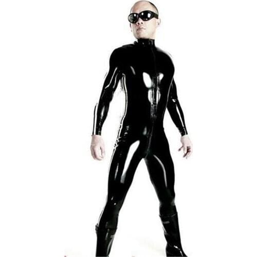 Super Cool Sexy Men Black Patent Leather Jumpsuit Vinyl Latex Bondage Catsuit Double Zip Wetlook Leotard Bodysuit Size S - XXXL