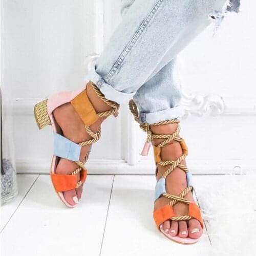 Women Pumps Fashion Heels Lace Up High Sandals For Summer Shoes Gladiator Thick Chaussures Femme Square Heels Knot rope