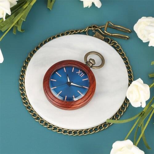 Unique Blue Dial Red Wood Pendant Watch Quartz Pocket Clock Gifts Men Women Natural Stylish Antique Bronze Chain Retro Watches