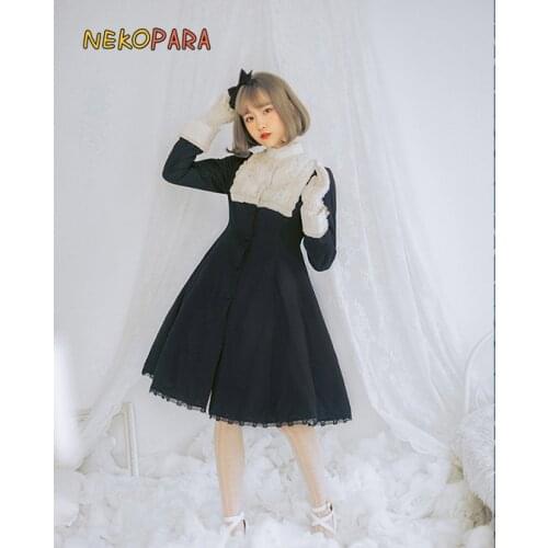 Vintage Womens Lolita OP Dress Shylock Style Trench Button Down Long Sleeve Classic British Wnter Dress with Bow