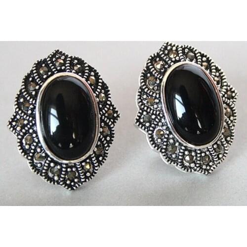 VINTAGE 925 SILVER NATURAL BLACK Natural jade MARCASITE STUD EARRINGS 1"
