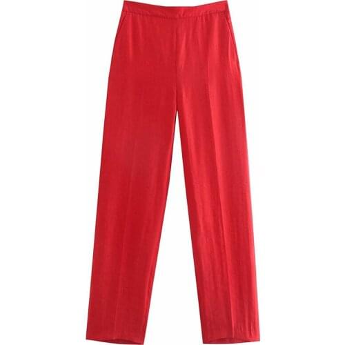 Aonibeier 2021 Za Woman Casual Traf Trousers Autumn Elastic Spliced Waistband High Waist Full Length Loose Straight Pants Red