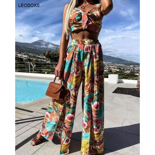 Summer Womens 2021 New Product Lace-up Stretch Tube Top Plus Casual Loose Print Big Swing Wide Leg Pants Suit Female