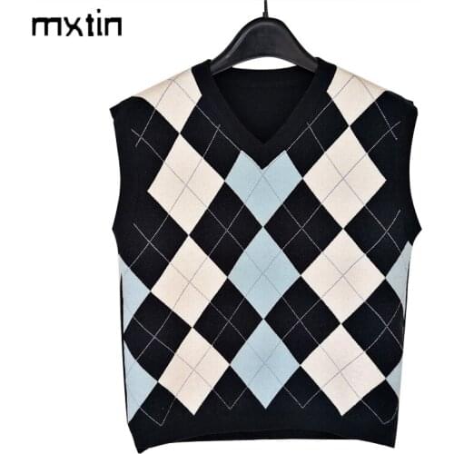 Women 2020 fashion geometric rhombic knitted vest sweater V neck sleeveless england style female waistcoat chic tops