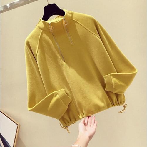 Ladies Black Top Zipper Loose Oversized Streetwear Casual Pullover White Long Sleeve Sweatshirt All-match Tshirt Autumn Winter