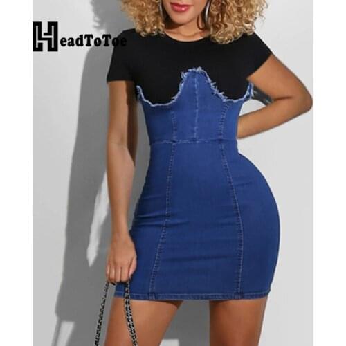 Patchwork Print Zip Fashion Young Style Dresses for Women Short Sleeve Round Neck Above Knee Denim Bodycon Dress