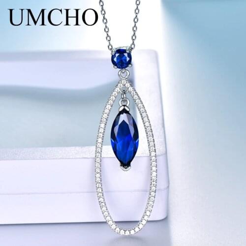 UMCHO Real 925 Sterling Silver Necklace Marquise Gemstone Created Blue Sapphire Necklaces & Pendants For Women Gift With Chain