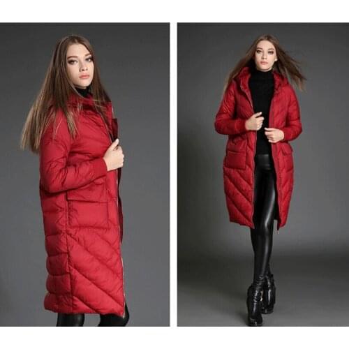 Medium-length Women Winter Duck Down Coat Long Warm Hooded Down Coat Cocoon Style Winter Coat
