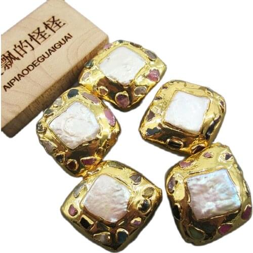APDGG Wholesale 5PCS Freshwater Cultured White Square Pearl Tourmaline Chips Rhombus Beads Findings Loose Beads For Women