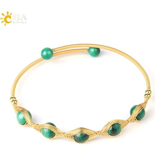 CSJA Natural Stone Beads Bracelet Wire Wrapped Copper Malachite Amethysts Open Cuff Bangles Child Teen Gold Luxury Jewelry S800