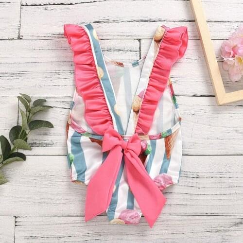 Infant Kids Baby Girls Cute Sleeveless Ice Cream Striped Print Backless Bow One-Piece Swimsuit Beachwear Bathing Suits Swimwear
