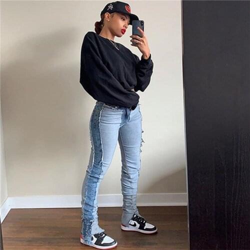 Patchwork Women Jeans Pant Fashion Streetwear Creative Slim Skinny Full Length Trousers Retro High Waist Pencil Pants For Ladies