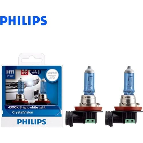 Philips H11 12V 55W Crystal Vision 4300K Halogen Bulbs Bright White Light Car Lamps Stylish Look UV Resistant 12362CVSM, Pair