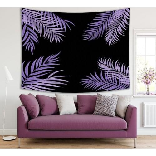 Tapestry Palm Tree Leaves on Dark Background Exotic Nature Night View Printed Black Lilac