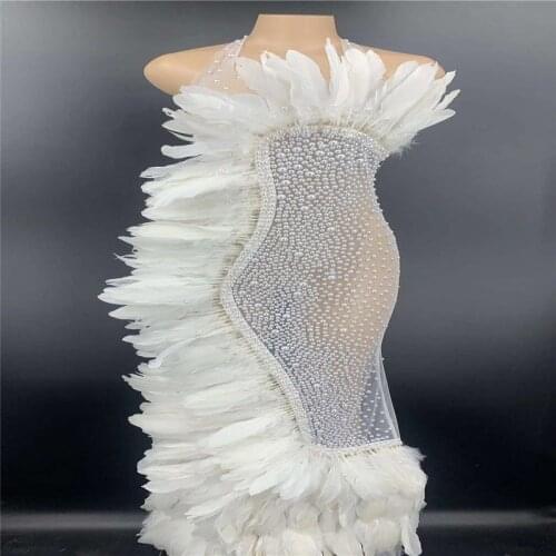 H84 Tight Backless Colorful Sleeveless Dance Feathers Trailing Dress See-Through Party Se Elastic Drill Stretched Diamond Singer
