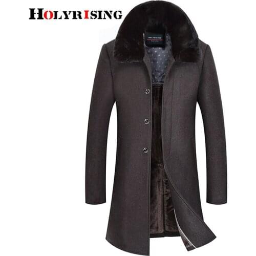 Holyrising Men Wool Coats Thick Man Coat Jaket Long Fur Collar Overcoat Soft Peacoat Wool Blends Breasted Button Clothes 18898-5