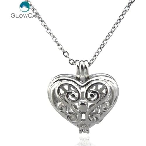 K108 Silver Leaf Heart Pearl Cage Diffuser Locket Necklace Bead Cage Steel Chain Aroma Essential Oil Diffuser Locket