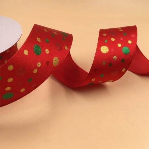 N1009 38mm X 25yards Colorful Dots Printing on Wired Edge Red Satin Ribbon. Gift Bow,Wedding,Cake Wrap,Tree Decoration,Wreath