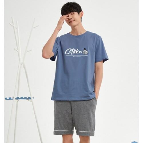 Mens 100% Cotton Homewear Sets Short Cleeve T Shirt With Shorts Casual Loose Cotton Summer Sleepwear Man Pajamas Home Wear Set